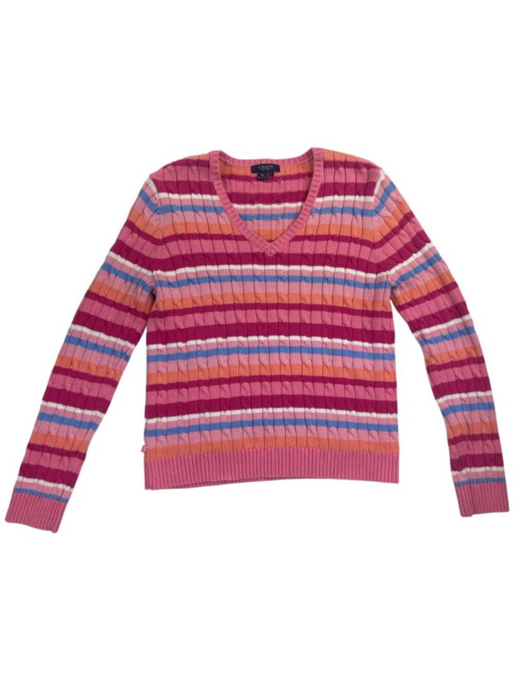 Chaps Women’s L V-Neck Cable Knit Sweater Striped Cotton Multicolor - Picture 3 of 10